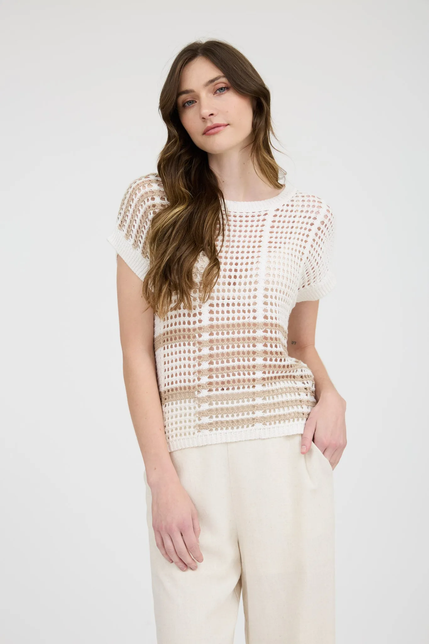 MULTI STRIPE SHORT SLEEVE SHEER CROCHET KNIT TOP sold by Blu Pepper