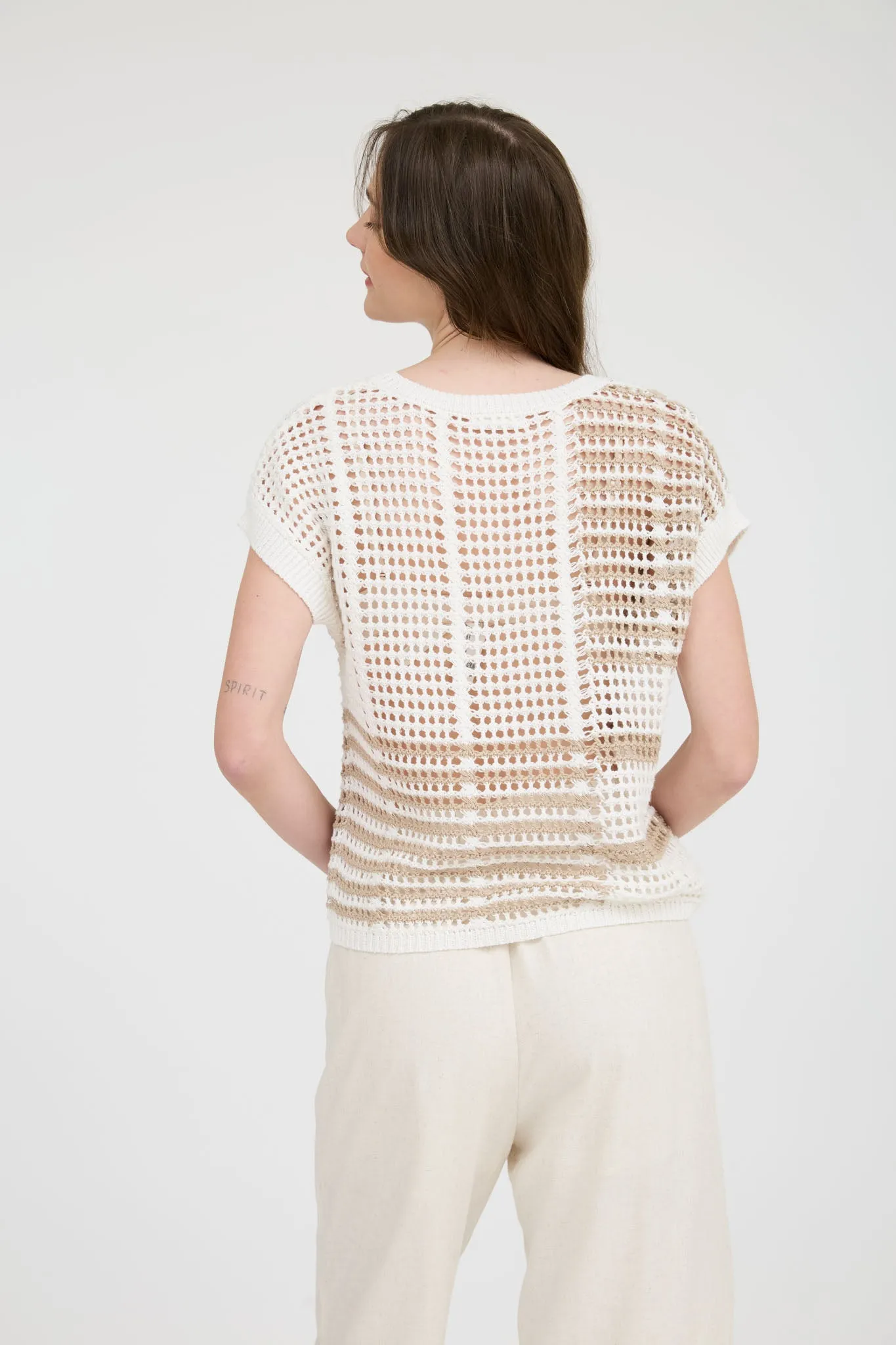 MULTI STRIPE SHORT SLEEVE SHEER CROCHET KNIT TOP sold by Blu Pepper product image thumbnail 2