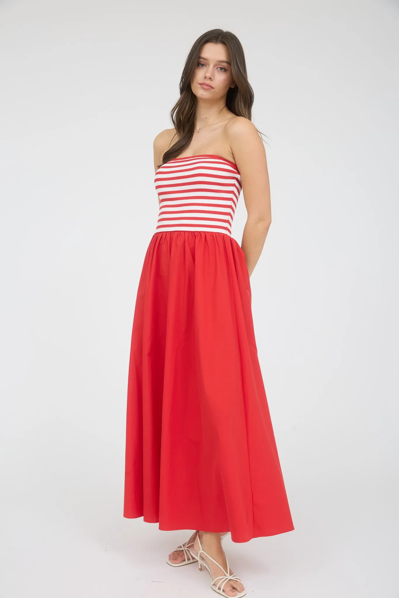 STRIPE KNIT TOP WOVEN SKIRT MIX MEDIA MIDI DRESS sold by Blu Pepper product image thumbnail 3