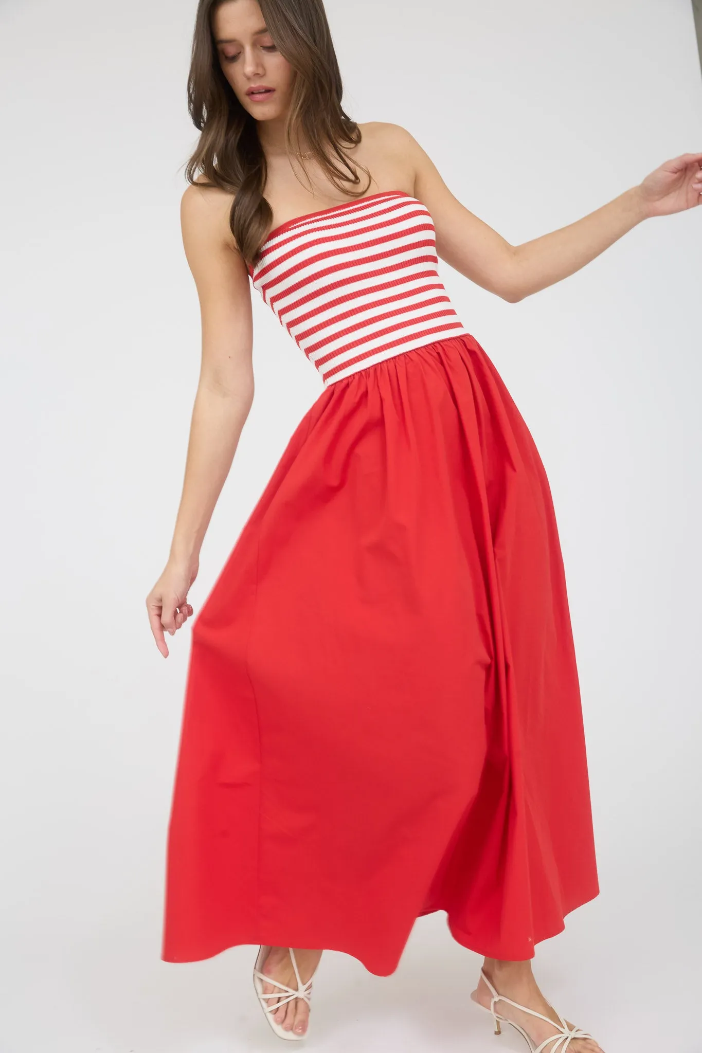 STRIPE KNIT TOP WOVEN SKIRT MIX MEDIA MIDI DRESS sold by Blu Pepper product image thumbnail 4