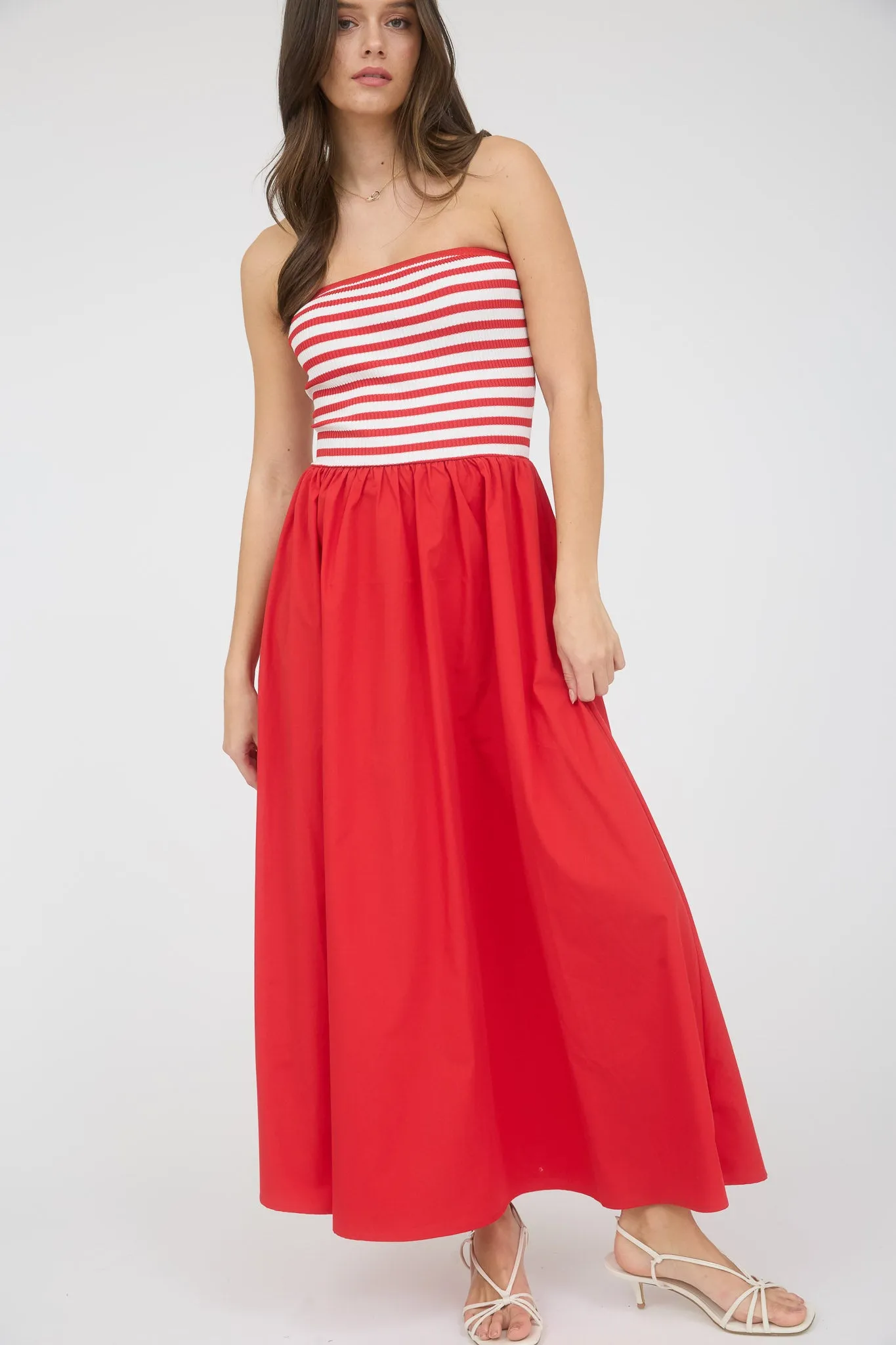 STRIPE KNIT TOP WOVEN SKIRT MIX MEDIA MIDI DRESS sold by Blu Pepper