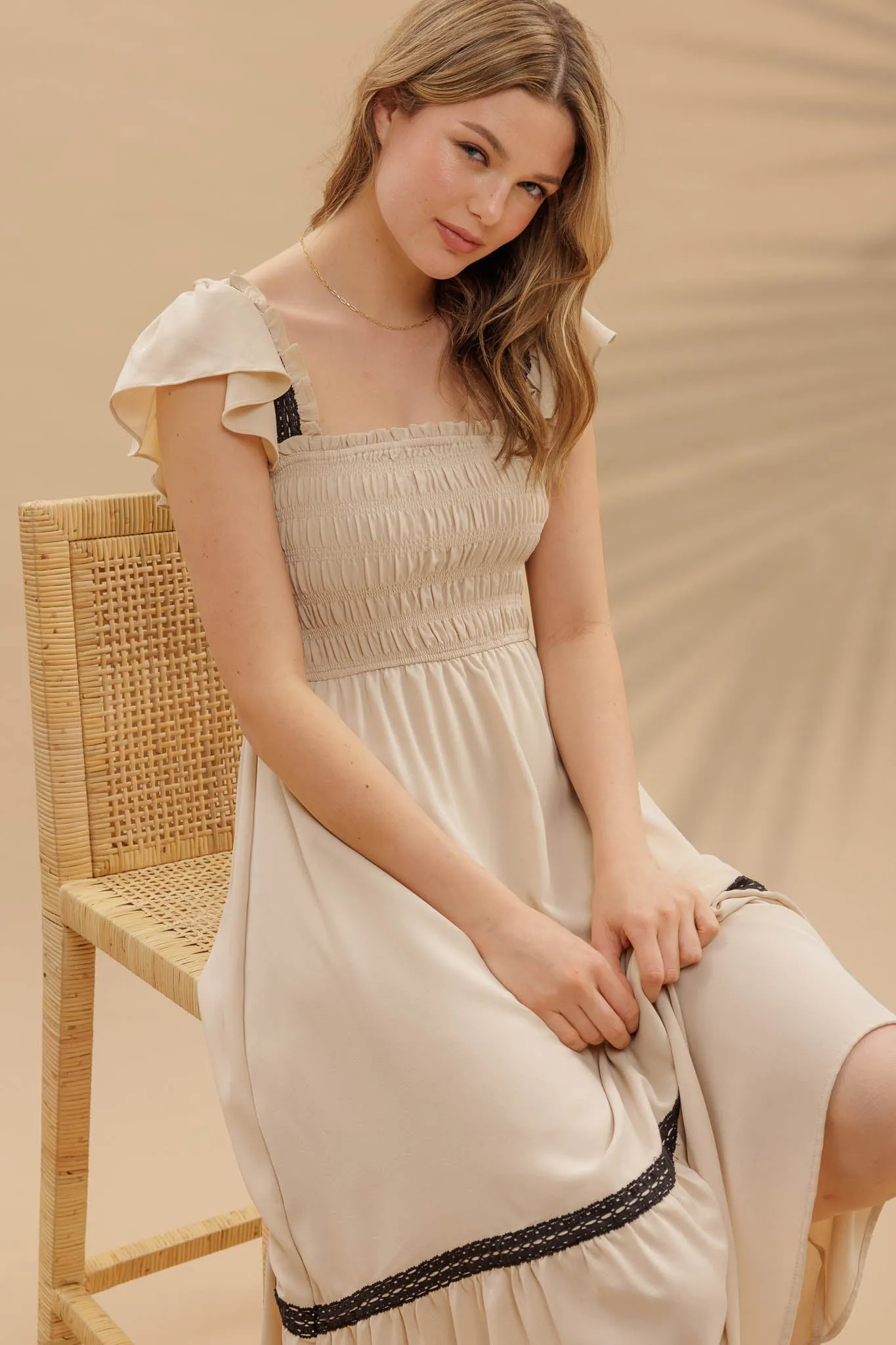 CONTRAST DETAIL SMOCKED RUFFLE MIDI DRESS sold by Blu Pepper