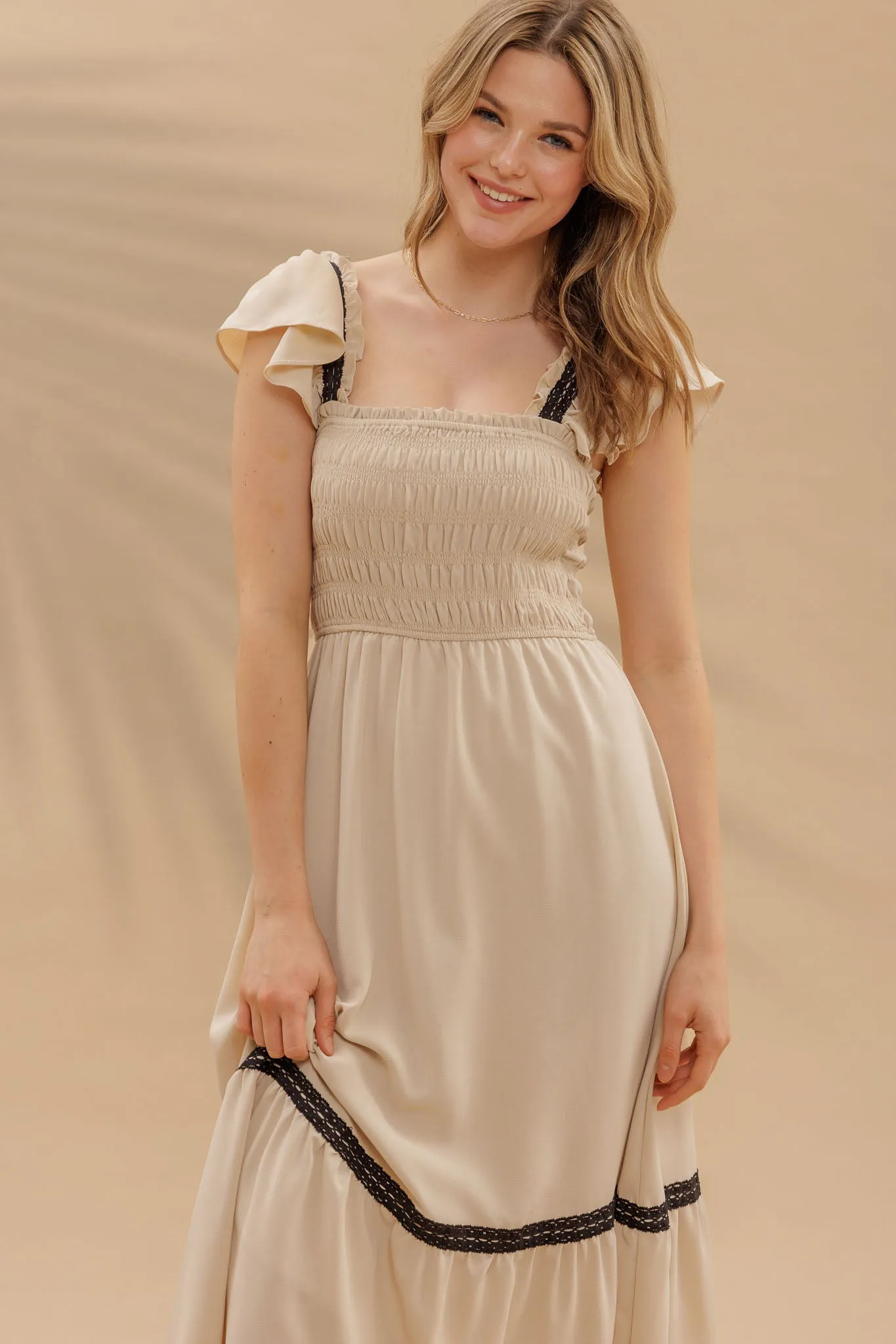 CONTRAST DETAIL SMOCKED RUFFLE MIDI DRESS sold by Blu Pepper product image thumbnail 4