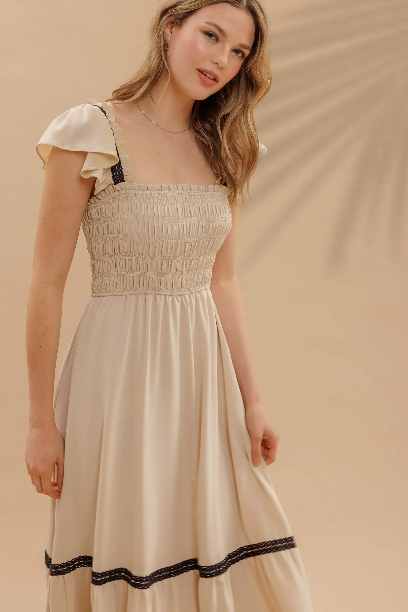 CONTRAST DETAIL SMOCKED RUFFLE MIDI DRESS sold by Blu Pepper product image thumbnail 5