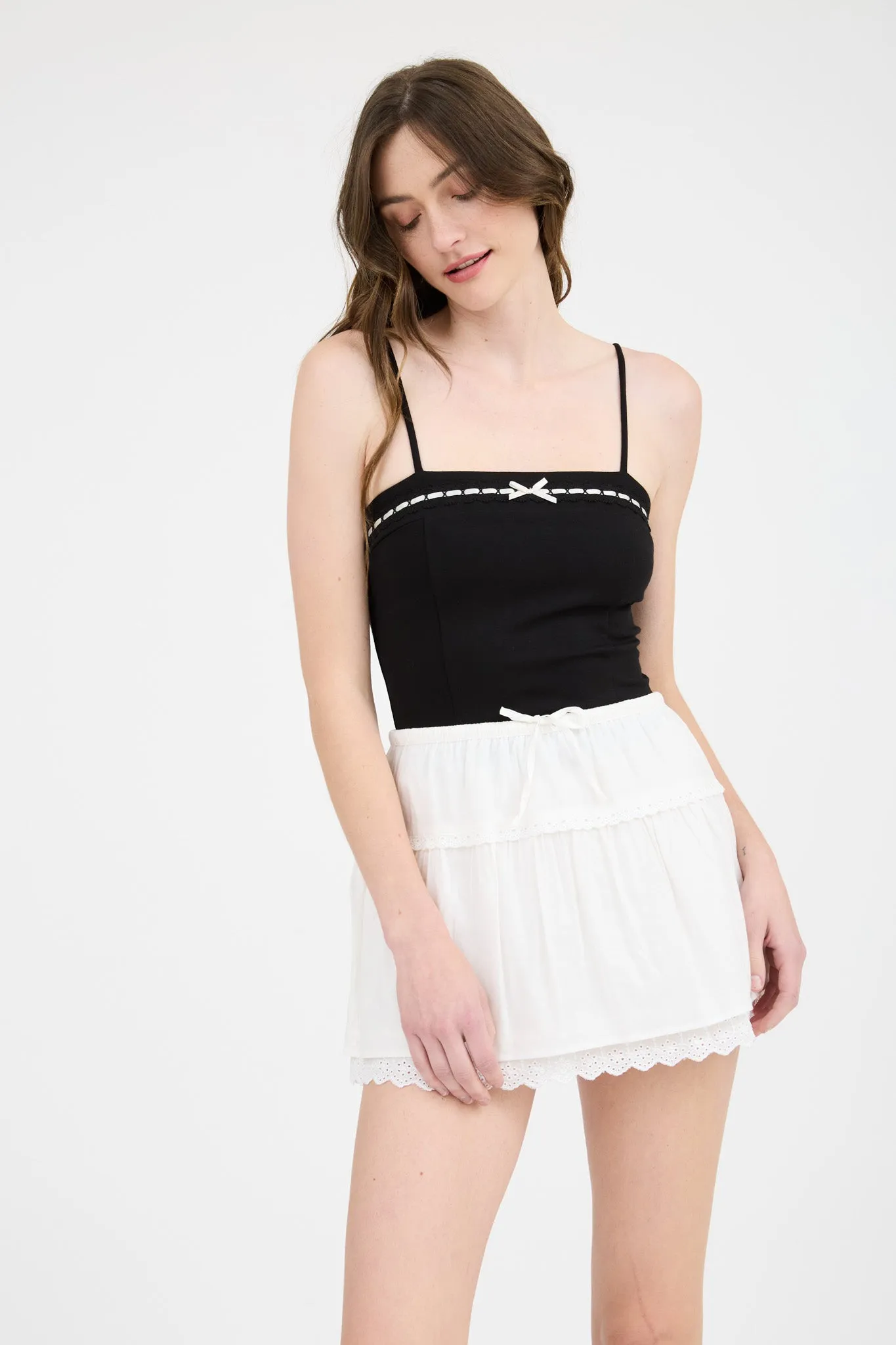 RIBBON LACE DETAIL SPAGHETTI STRAP CAMI KNIT TOP sold by Blu Pepper product image thumbnail 5
