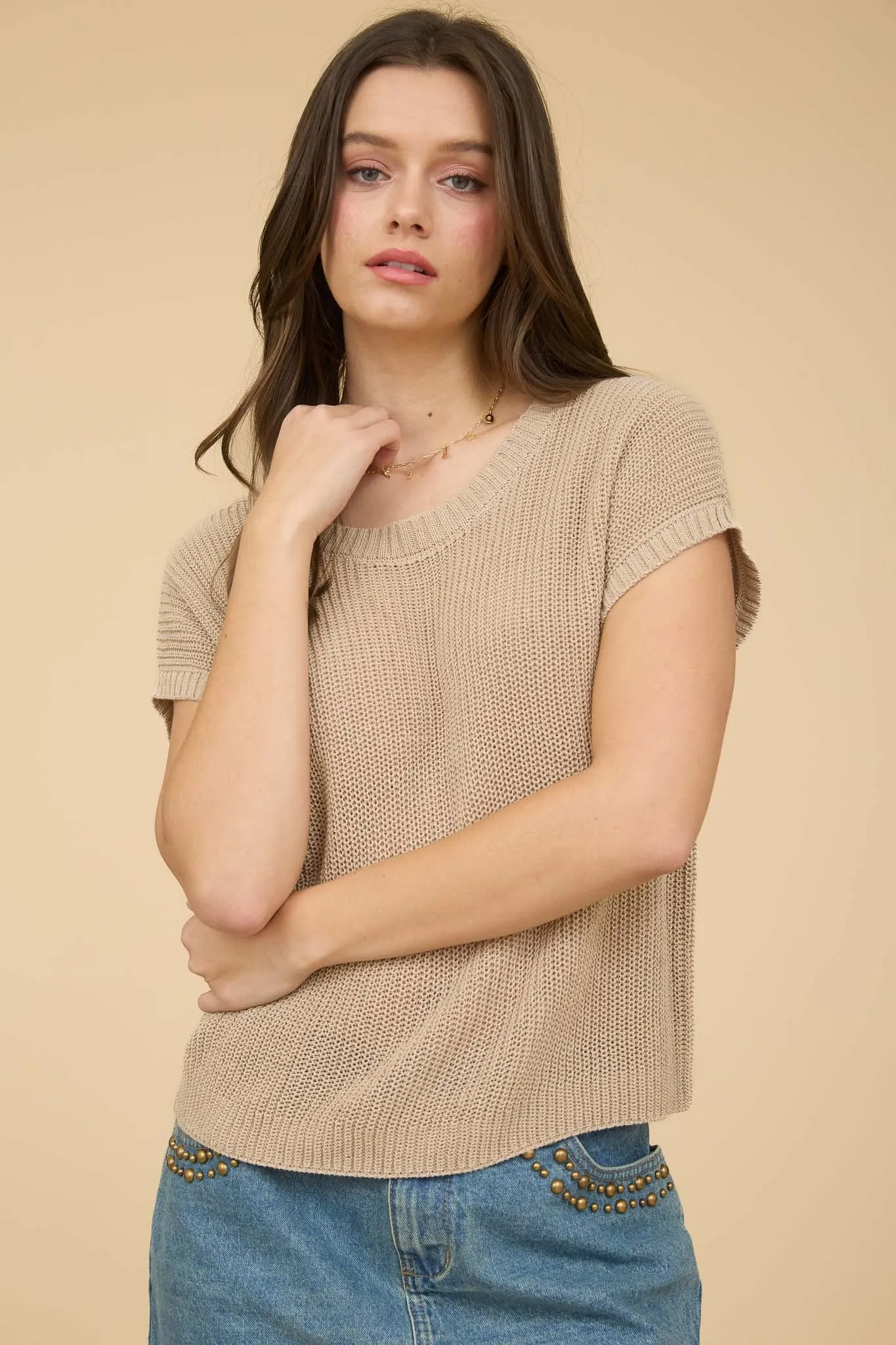 CREW NECK SHORT SLEEVE CROCHET KNIT PULLOVER sold by Blu Pepper product image thumbnail 5