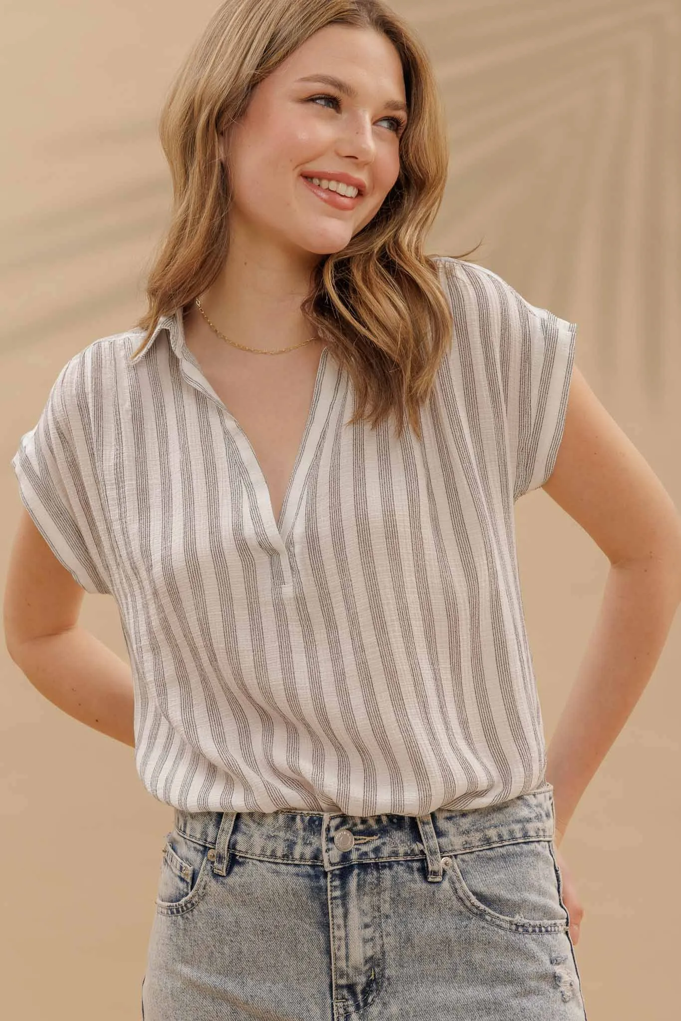 STRIPE COLLARED CUFF SLEEVE LIGHTWEIGHT SHIRT sold by Blu Pepper product image thumbnail 4