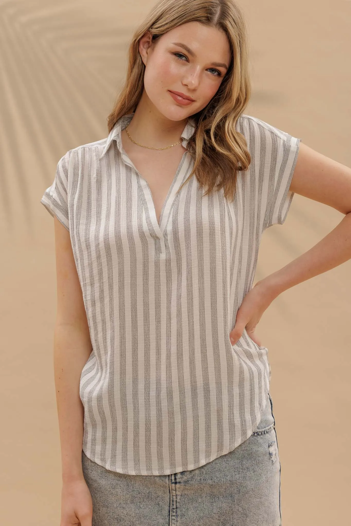 STRIPE COLLARED CUFF SLEEVE LIGHTWEIGHT SHIRT sold by Blu Pepper product image thumbnail 5