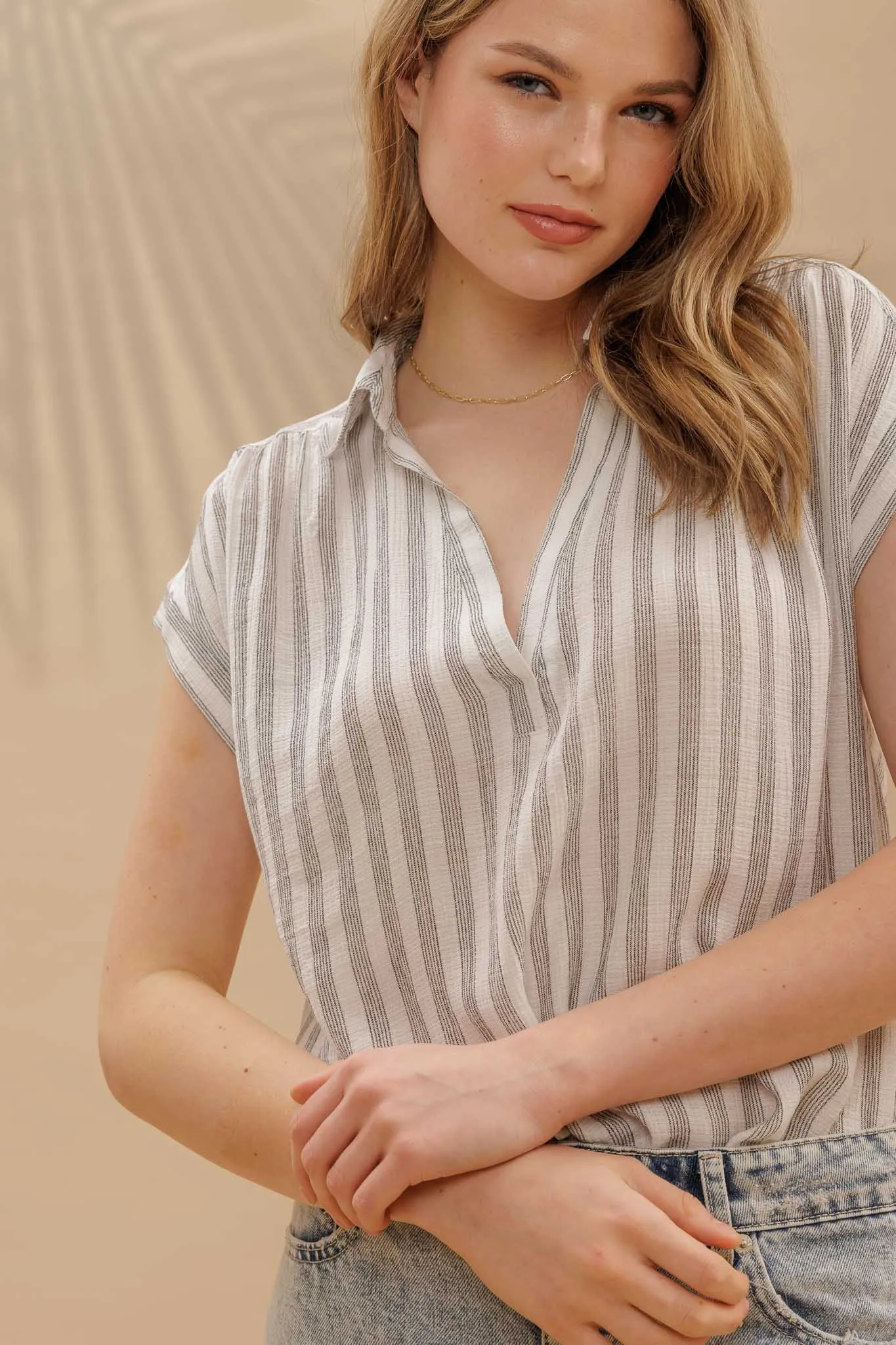 STRIPE COLLARED CUFF SLEEVE LIGHTWEIGHT SHIRT sold by Blu Pepper