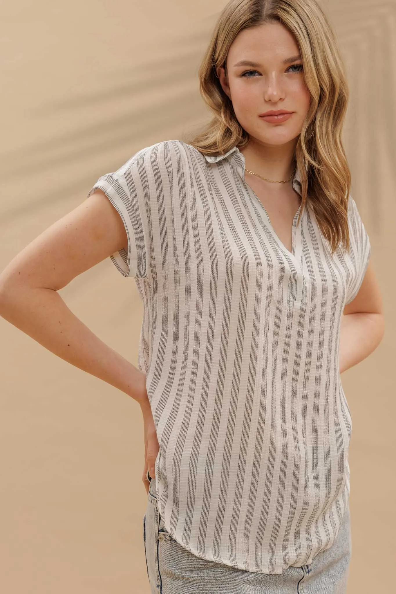 STRIPE COLLARED CUFF SLEEVE LIGHTWEIGHT SHIRT sold by Blu Pepper product image thumbnail 3