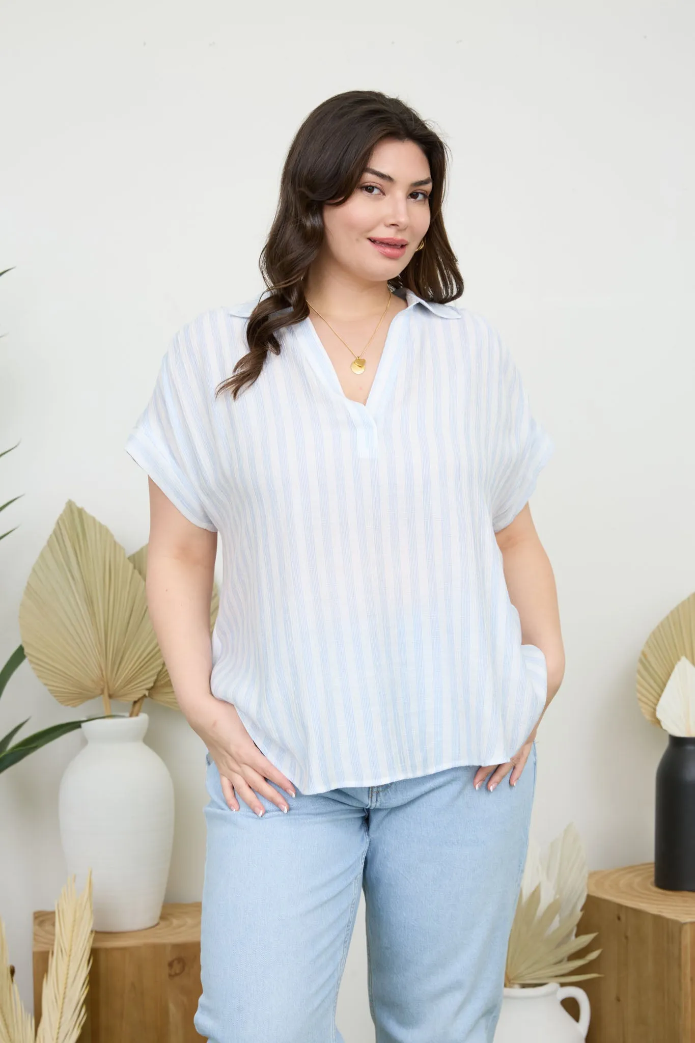 PLUS STRIPE COLLARED CUFF SLEEVE LIGHTWEIGHT SHIRT sold by Blu Pepper