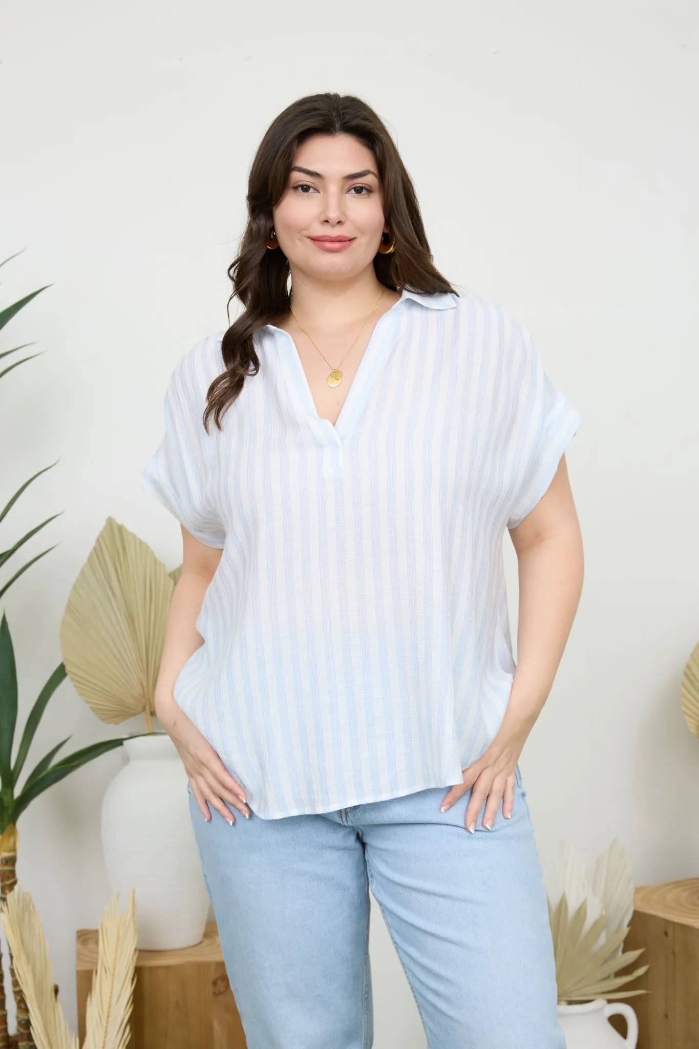 PLUS STRIPE COLLARED CUFF SLEEVE LIGHTWEIGHT SHIRT sold by Blu Pepper product image thumbnail 4