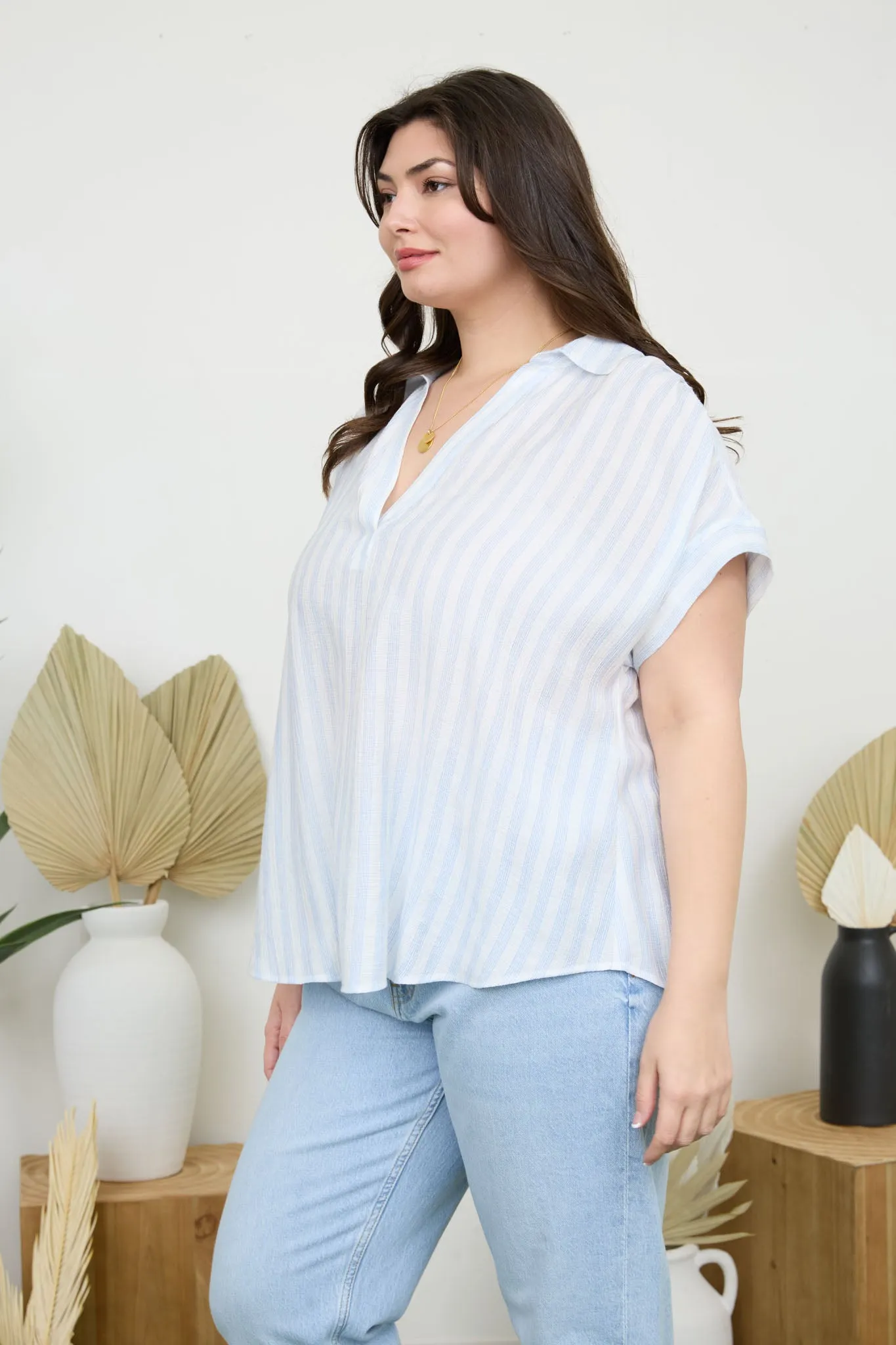 PLUS STRIPE COLLARED CUFF SLEEVE LIGHTWEIGHT SHIRT sold by Blu Pepper product image thumbnail 3