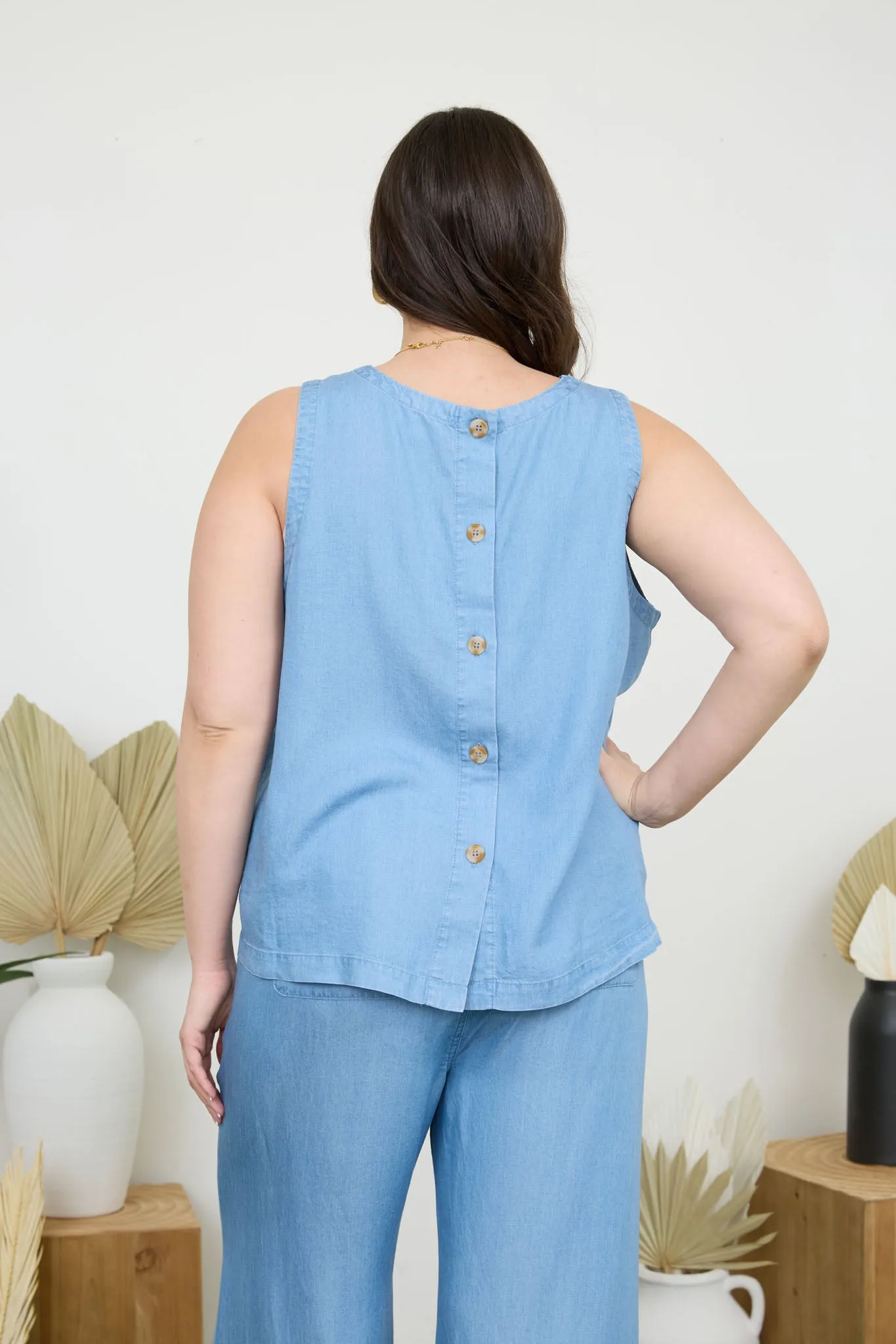 PLUS BACK BUTTON SLEEVELESS CHAMBRAY TOP sold by Blu Pepper product image thumbnail 2