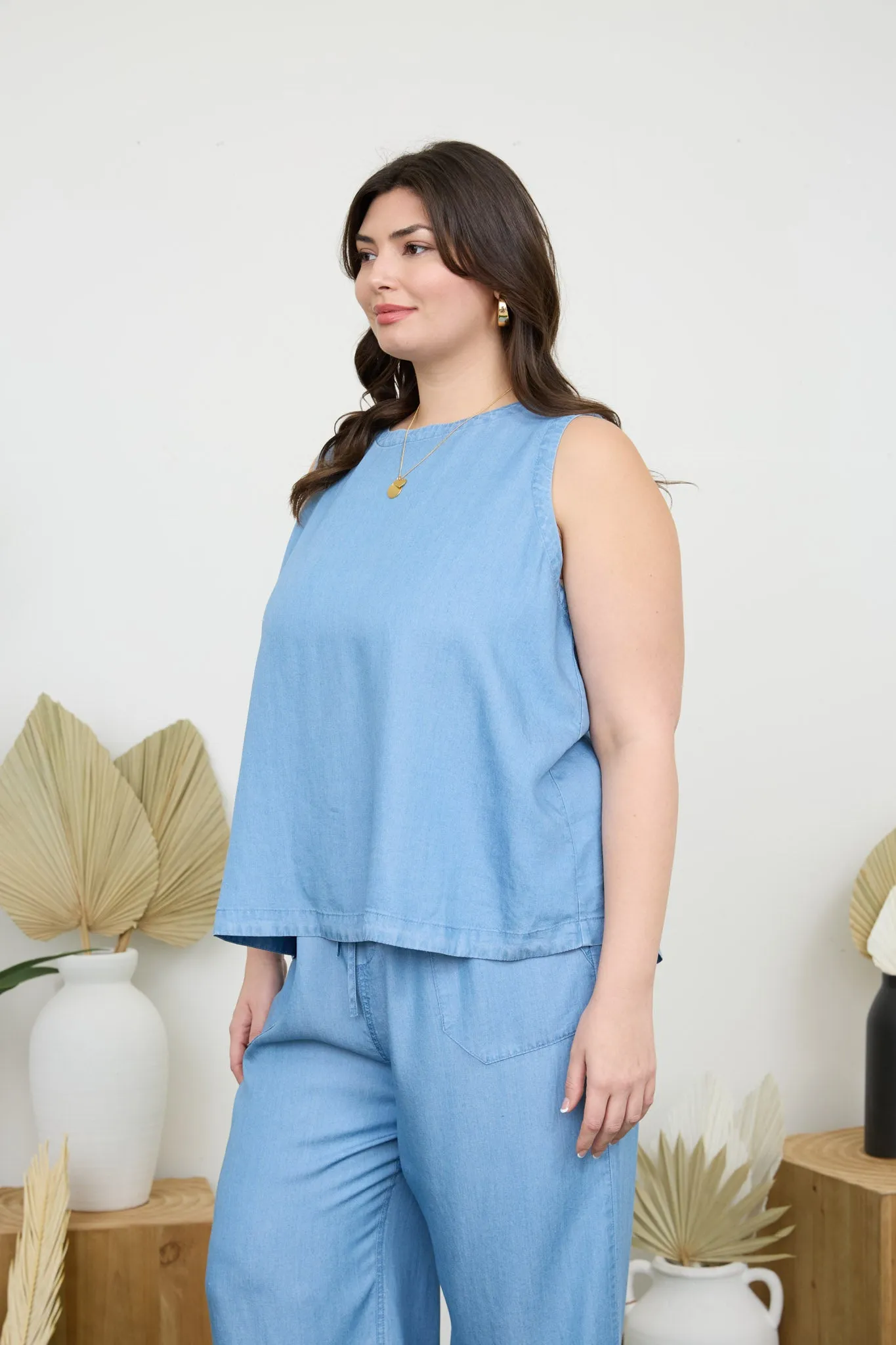 PLUS BACK BUTTON SLEEVELESS CHAMBRAY TOP sold by Blu Pepper product image thumbnail 3