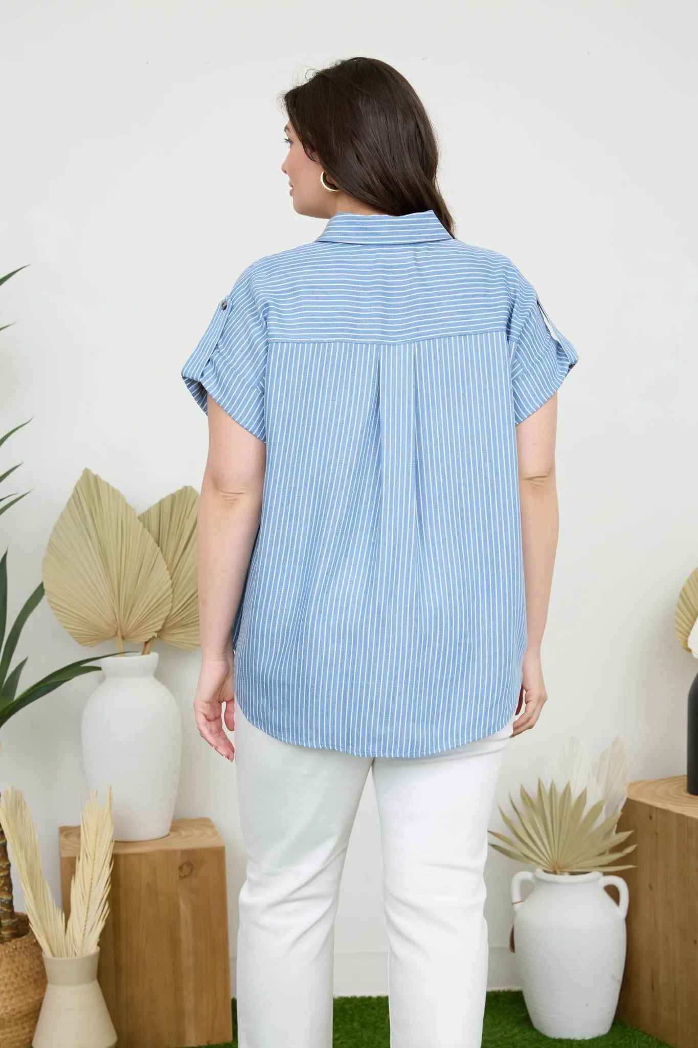 PLUS STRIPE BUTTON DOWN TAB SLEEVE CHAMBRAY SHIRT sold by Blu Pepper product image thumbnail 2