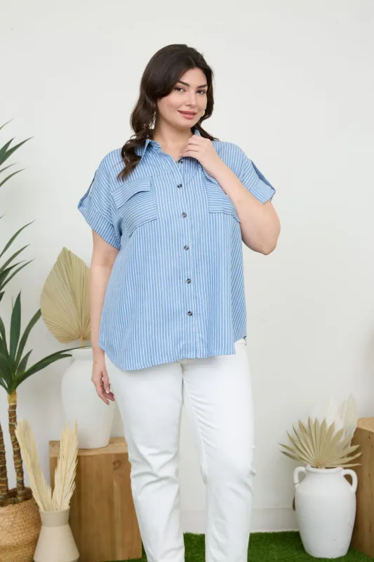 PLUS STRIPE BUTTON DOWN TAB SLEEVE CHAMBRAY SHIRT sold by Blu Pepper