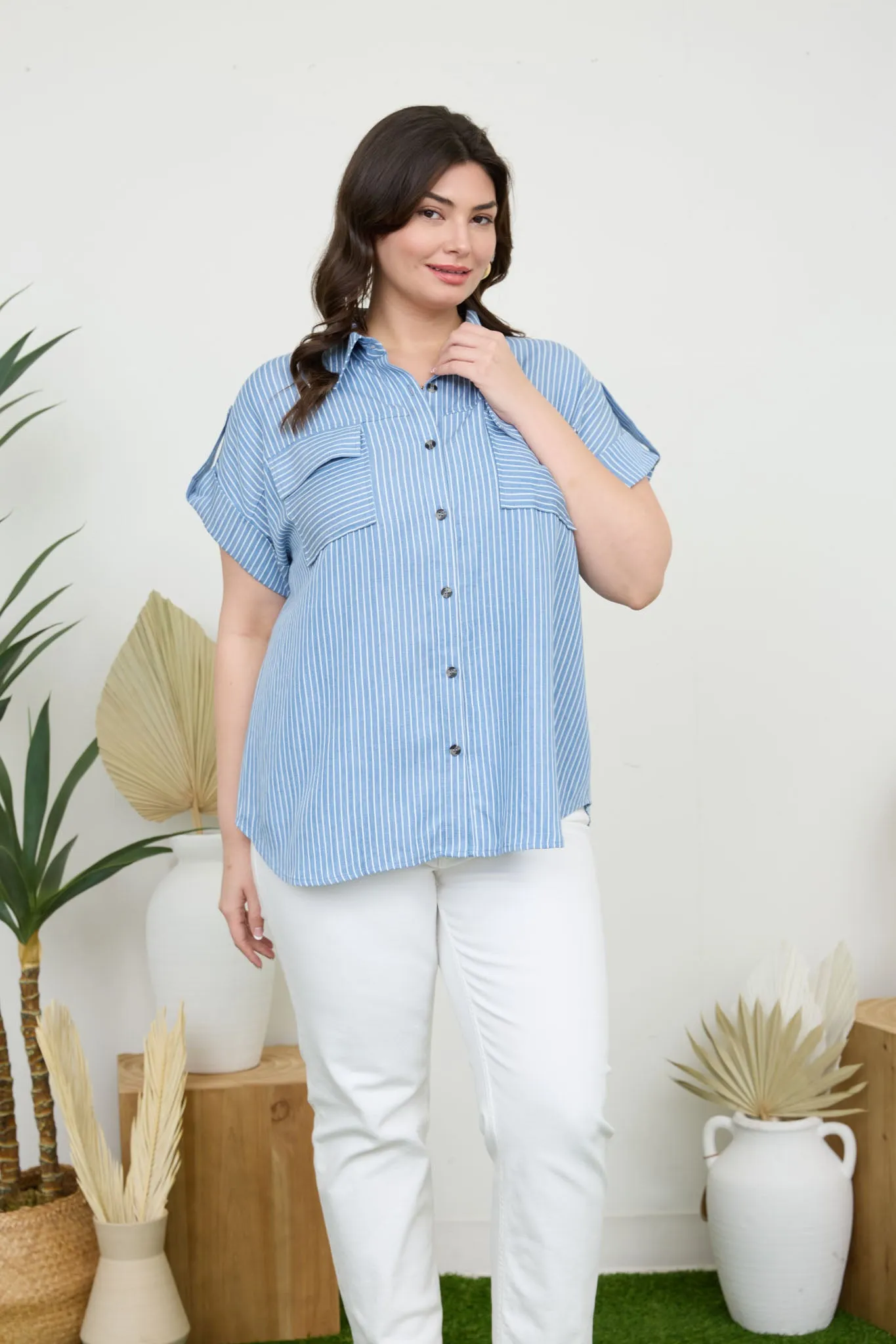 PLUS STRIPE BUTTON DOWN TAB SLEEVE CHAMBRAY SHIRT sold by Blu Pepper