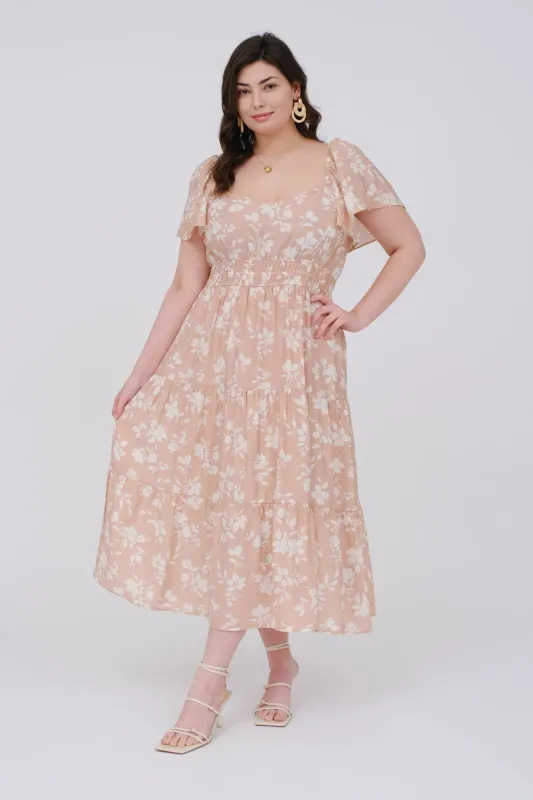 PLUS FLORAL SCOOP NECK FLOUNCE SLEEVE MIDI DRESS sold by Blu Pepper