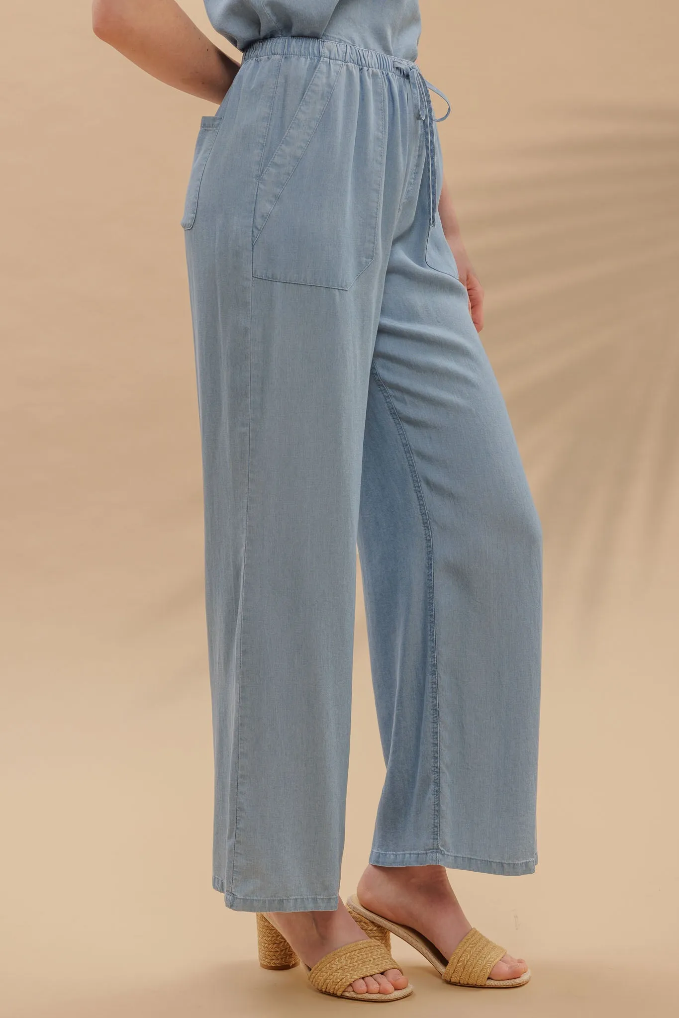 DRAWSTRING WAIST WIDE LEG CHAMBRAY PANTS sold by Blu Pepper product image thumbnail 3