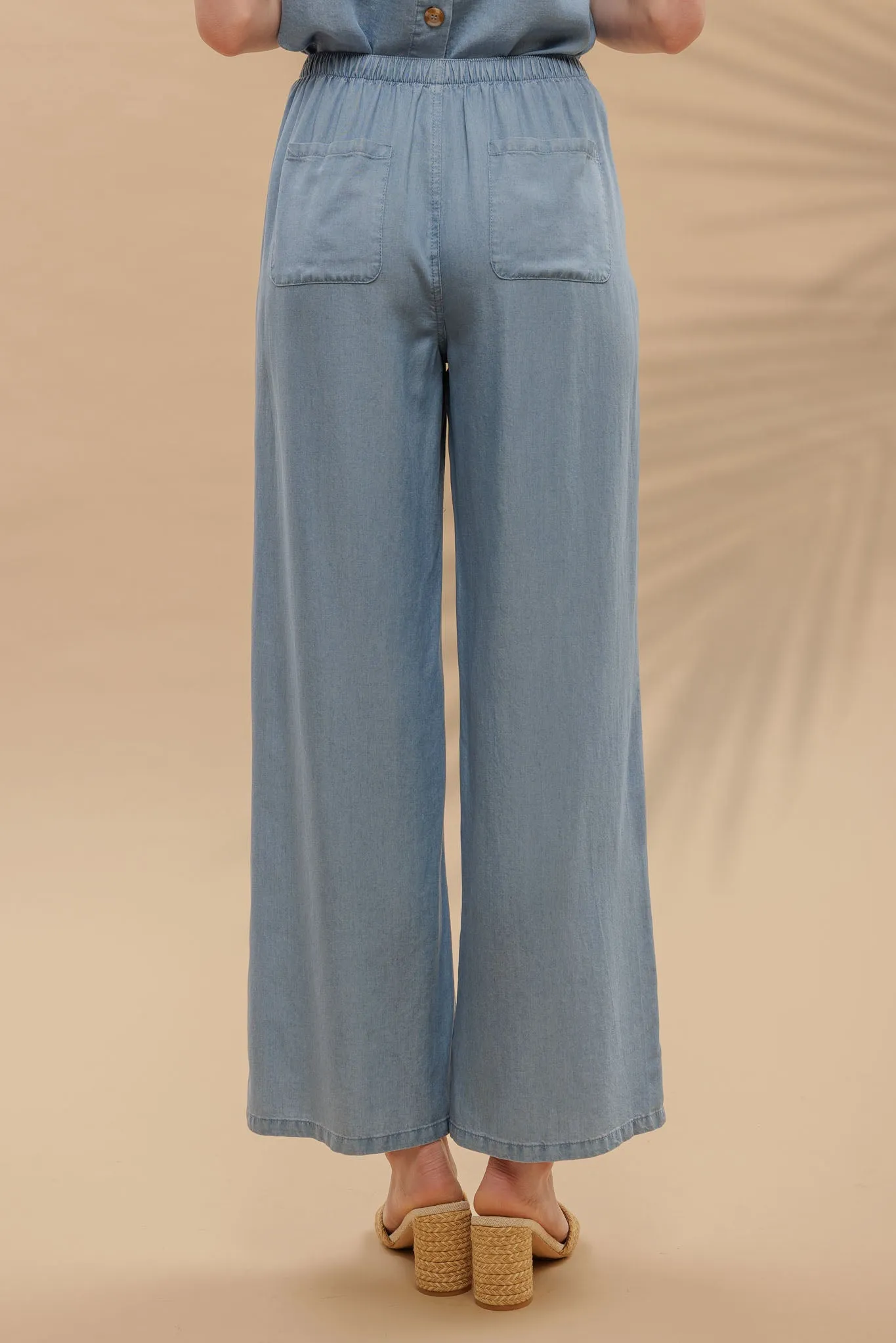 DRAWSTRING WAIST WIDE LEG CHAMBRAY PANTS sold by Blu Pepper product image thumbnail 2