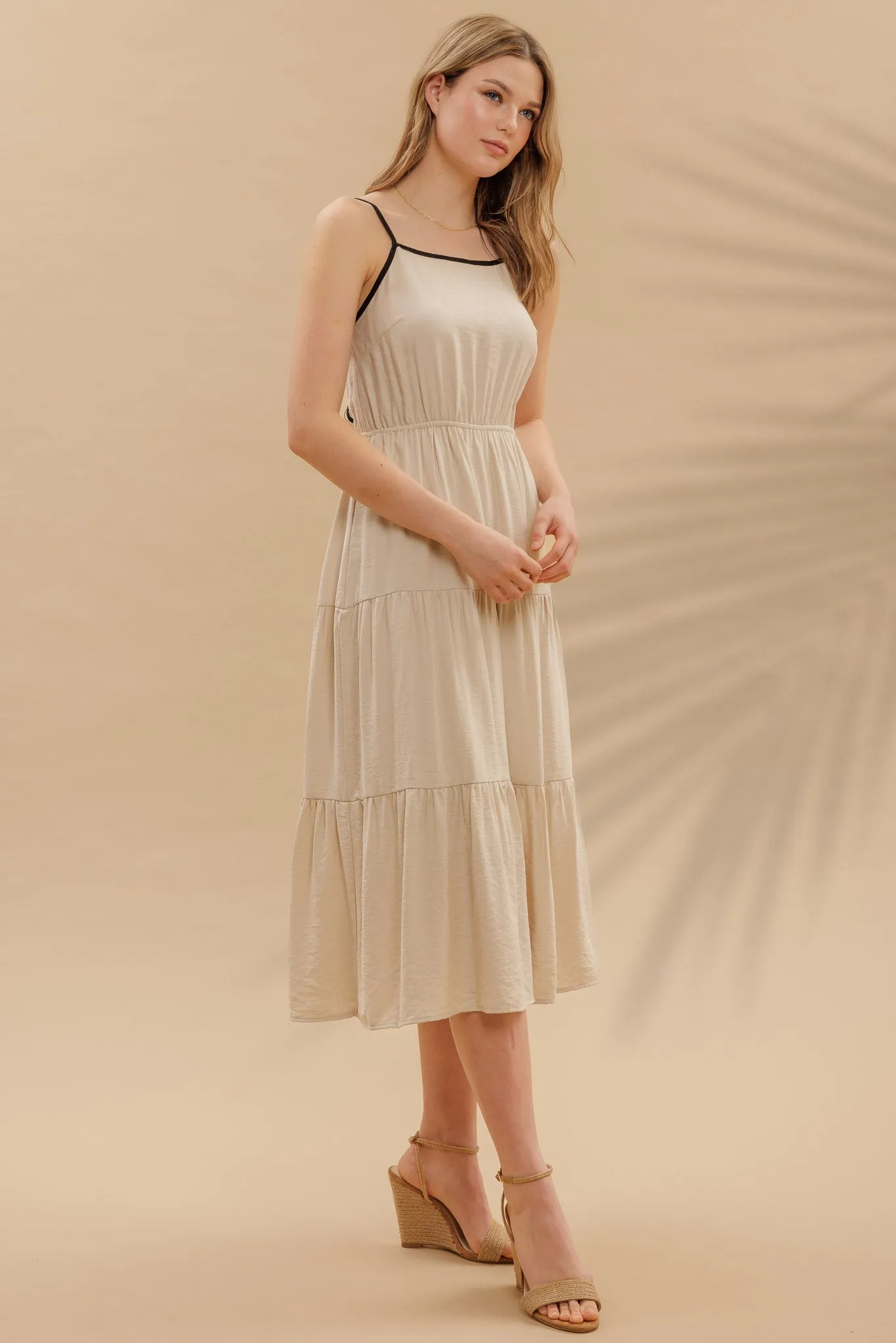CONTRAST TRIM BACK TIE TIERED MIDI DRESS sold by Blu Pepper product image thumbnail 3