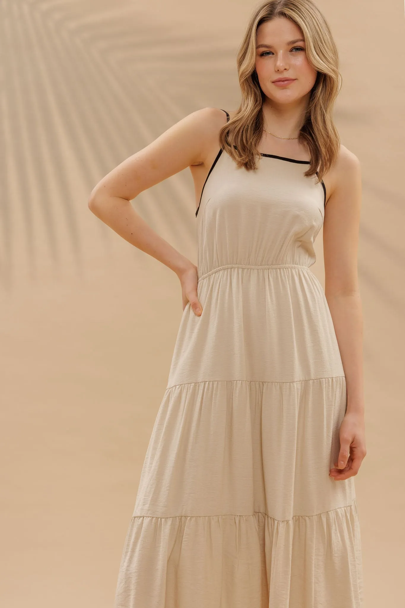 CONTRAST TRIM BACK TIE TIERED MIDI DRESS sold by Blu Pepper