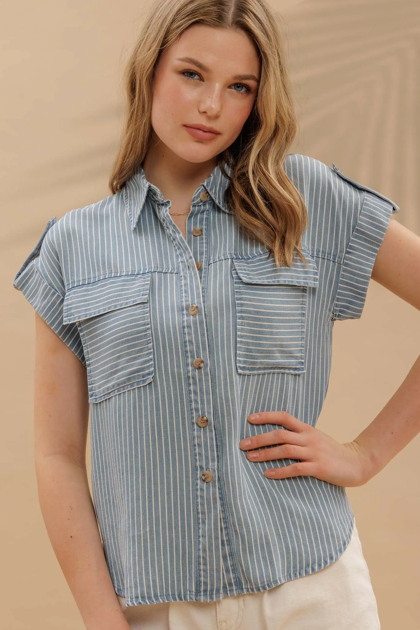 STRIPE BUTTON DOWN TAB SLEEVE CHAMBRAY SHIRT sold by Blu Pepper product image thumbnail 5