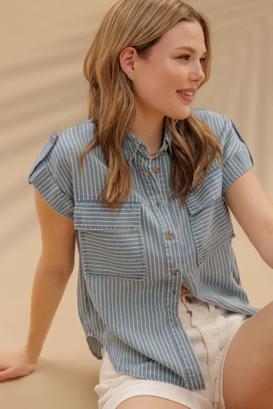 STRIPE BUTTON DOWN TAB SLEEVE CHAMBRAY SHIRT sold by Blu Pepper