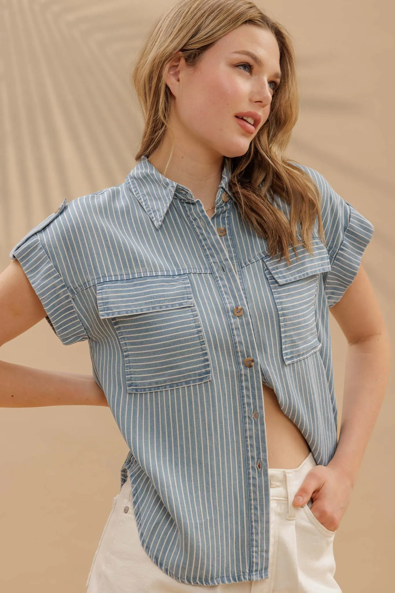 STRIPE BUTTON DOWN TAB SLEEVE CHAMBRAY SHIRT sold by Blu Pepper product image thumbnail 3