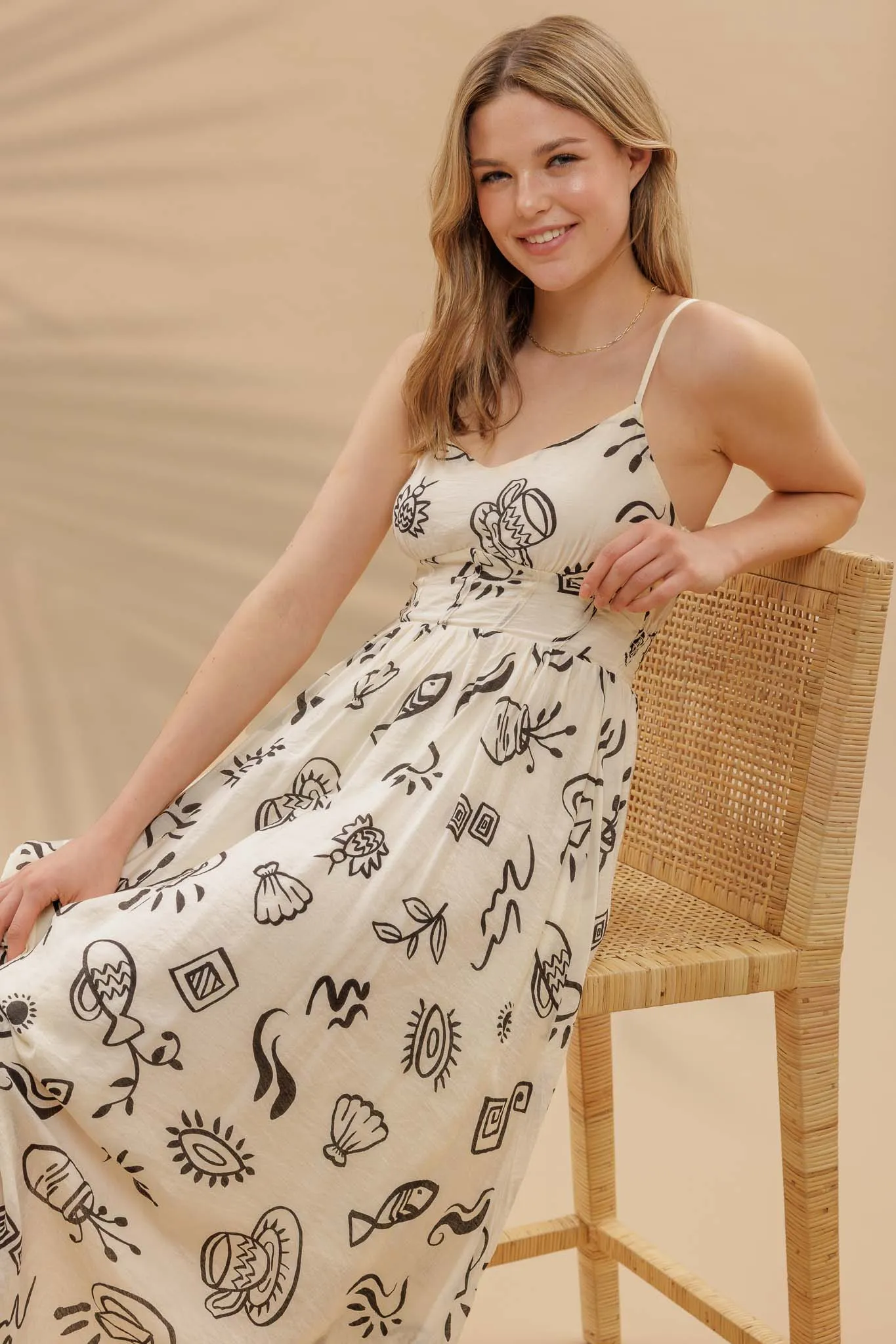 DOODLE PRINT SHIRRED WAIST SLEEVELESS MIDI DRESS sold by Blu Pepper product image thumbnail 5