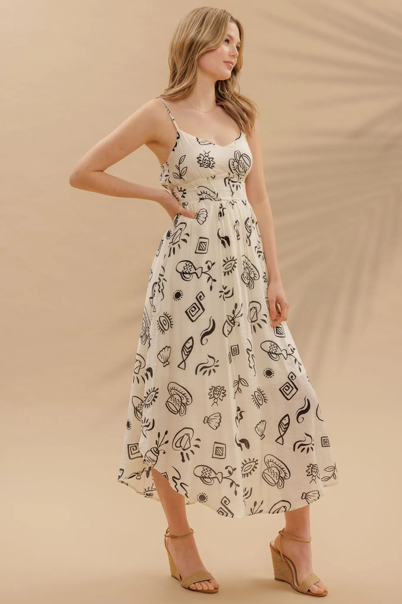 DOODLE PRINT SHIRRED WAIST SLEEVELESS MIDI DRESS sold by Blu Pepper product image thumbnail 3