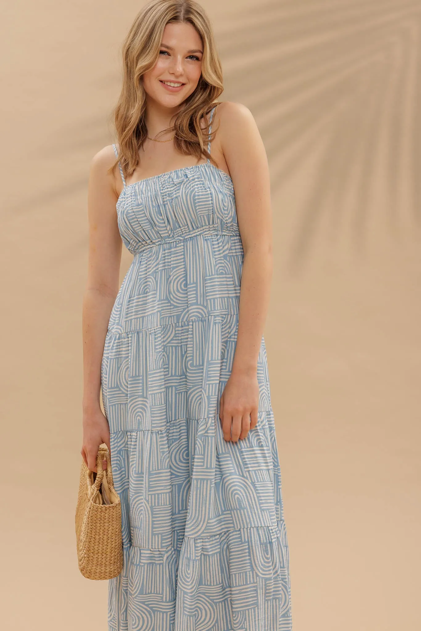 ABSTRACT PRINT EMPIRE WAIST TIERED MIDI DRESS sold by Blu Pepper product image thumbnail 5