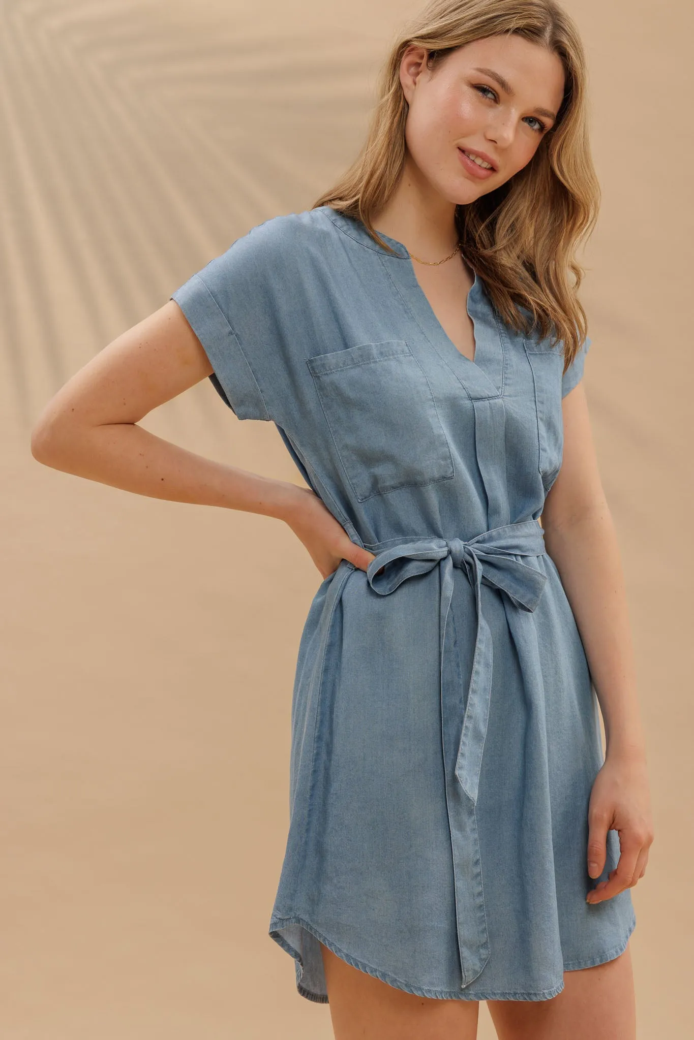BELTED CHAMBRAY CUFF SLEEVE MINI SHIRT DRESS sold by Blu Pepper product image thumbnail 3