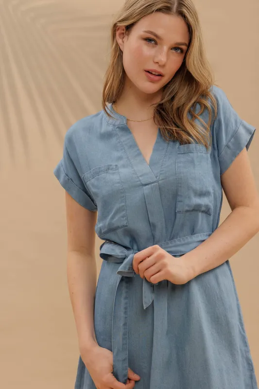 BELTED CHAMBRAY CUFF SLEEVE MINI SHIRT DRESS sold by Blu Pepper
