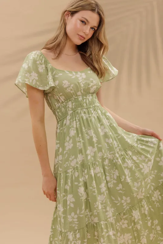 FLORAL SCOOP NECK FLOUNCE SLEEVE TIERED MIDI DRESS sold by Blu Pepper