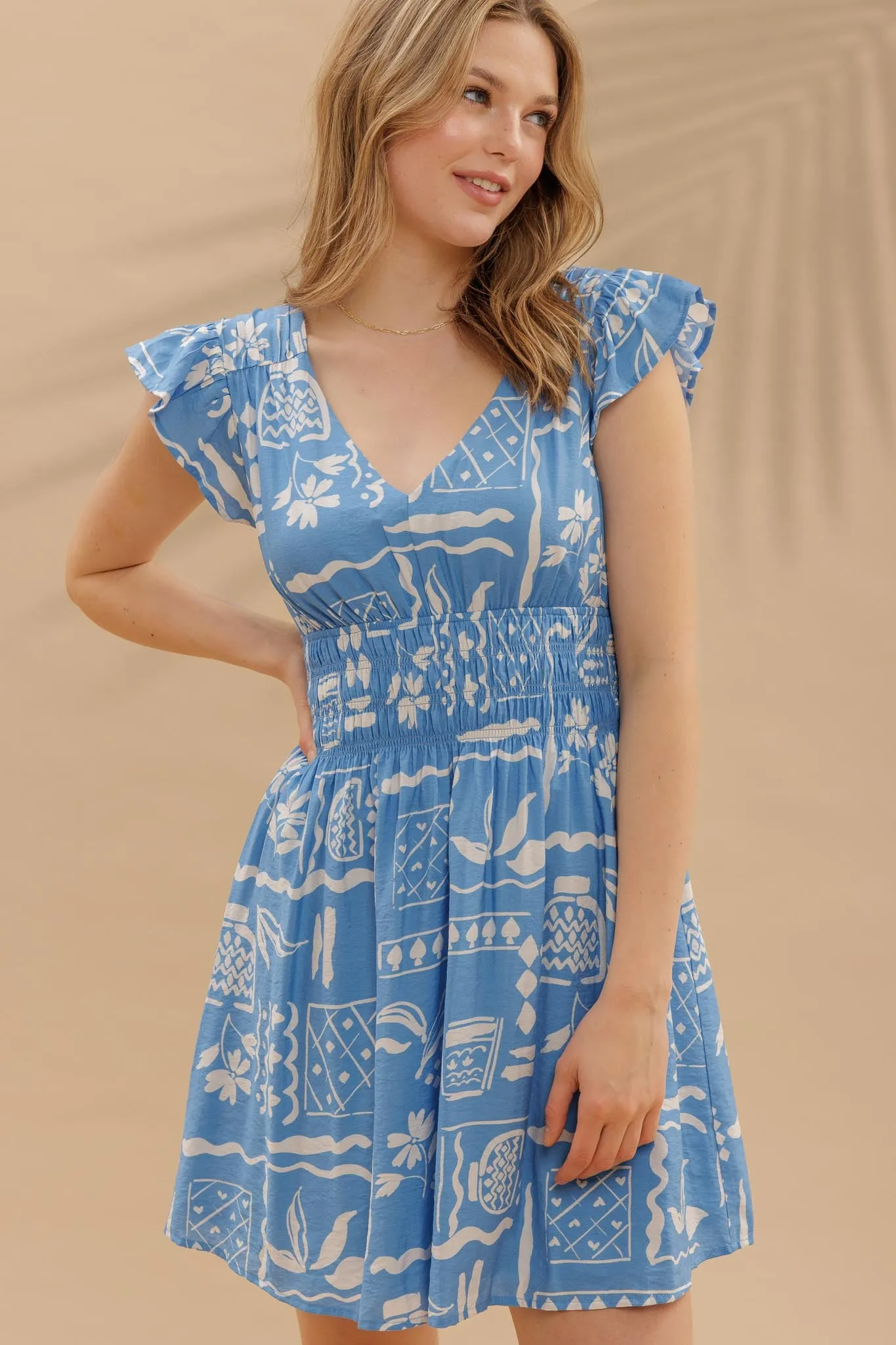 FLORAL LINE PRINT V NECK RUFFLE SLEEVE MINI DRESS sold by Blu Pepper product image thumbnail 5