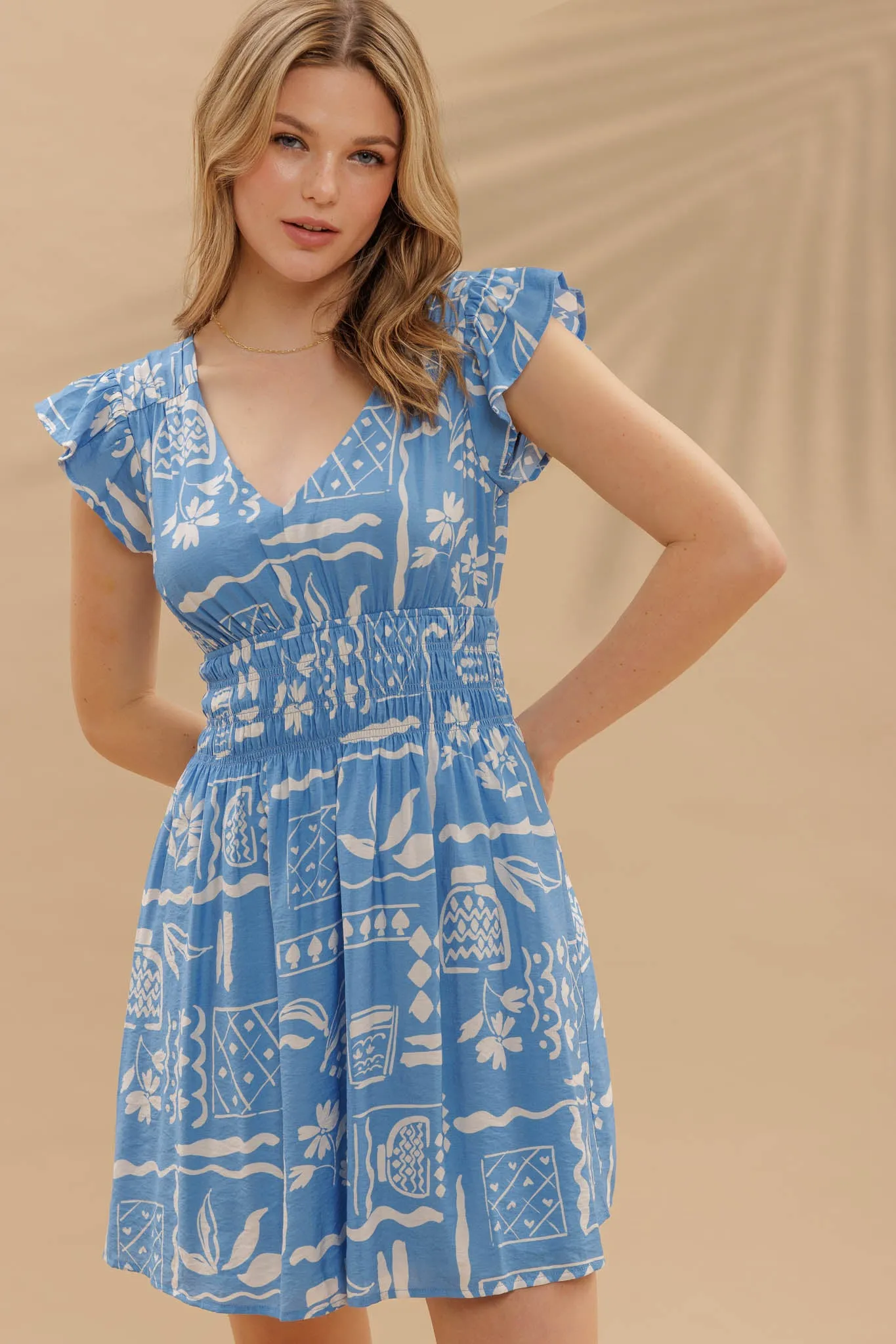 FLORAL LINE PRINT V NECK RUFFLE SLEEVE MINI DRESS sold by Blu Pepper product image thumbnail 4