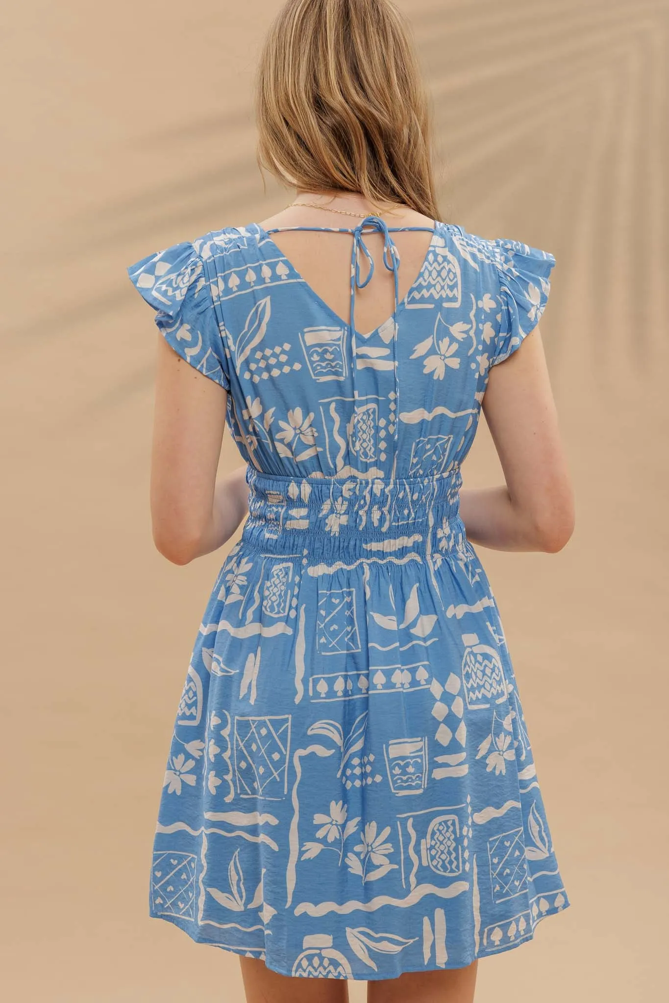 FLORAL LINE PRINT V NECK RUFFLE SLEEVE MINI DRESS sold by Blu Pepper product image thumbnail 2