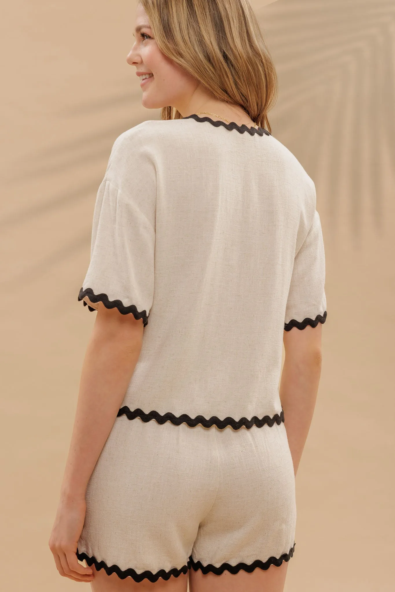 CONTRAST WAVY TRIM FRONT TIE TOP & LINEN SHORT SET sold by Blu Pepper product image thumbnail 2