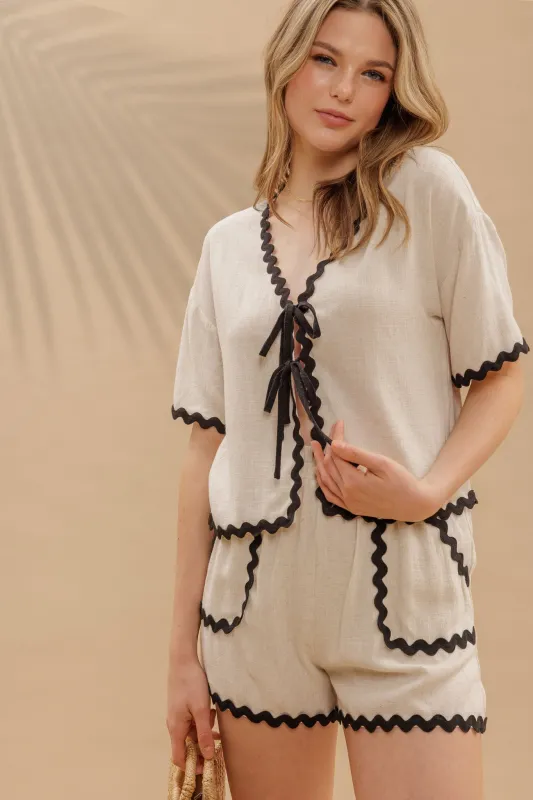 CONTRAST WAVY TRIM FRONT TIE TOP & LINEN SHORT SET sold by Blu Pepper