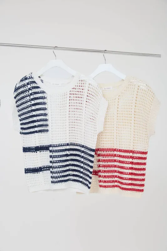 PLUS MULTI STRIPE SHORT SLEEVE SHEER CROCHET KNIT TOP sold by Blu Pepper