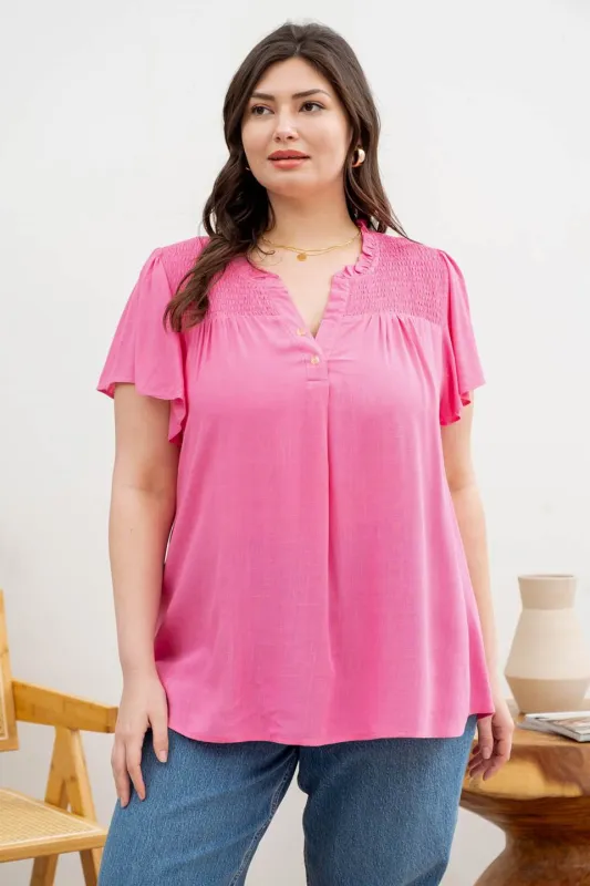 PLUS SMOCK YOKE SPLIT NECK SHORT SLEEVE BLOUSE sold by Blu Pepper