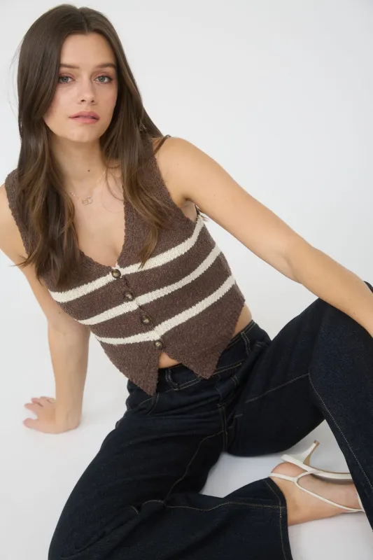 STRIPE V NECK BUTTON FRONT SLEEVELESS KNIT VEST sold by Blu Pepper