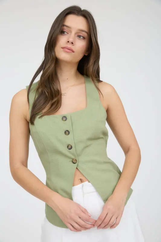 LINEN BUTTON DOWN SPLIT HEM CROPPED VEST sold by Blu Pepper