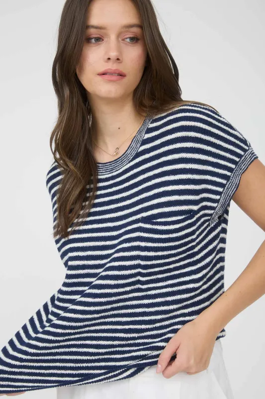 STRIPE POCKET DETAIL SHORT SLEEVE PULLOVER SWEATER made by Blu Pepper