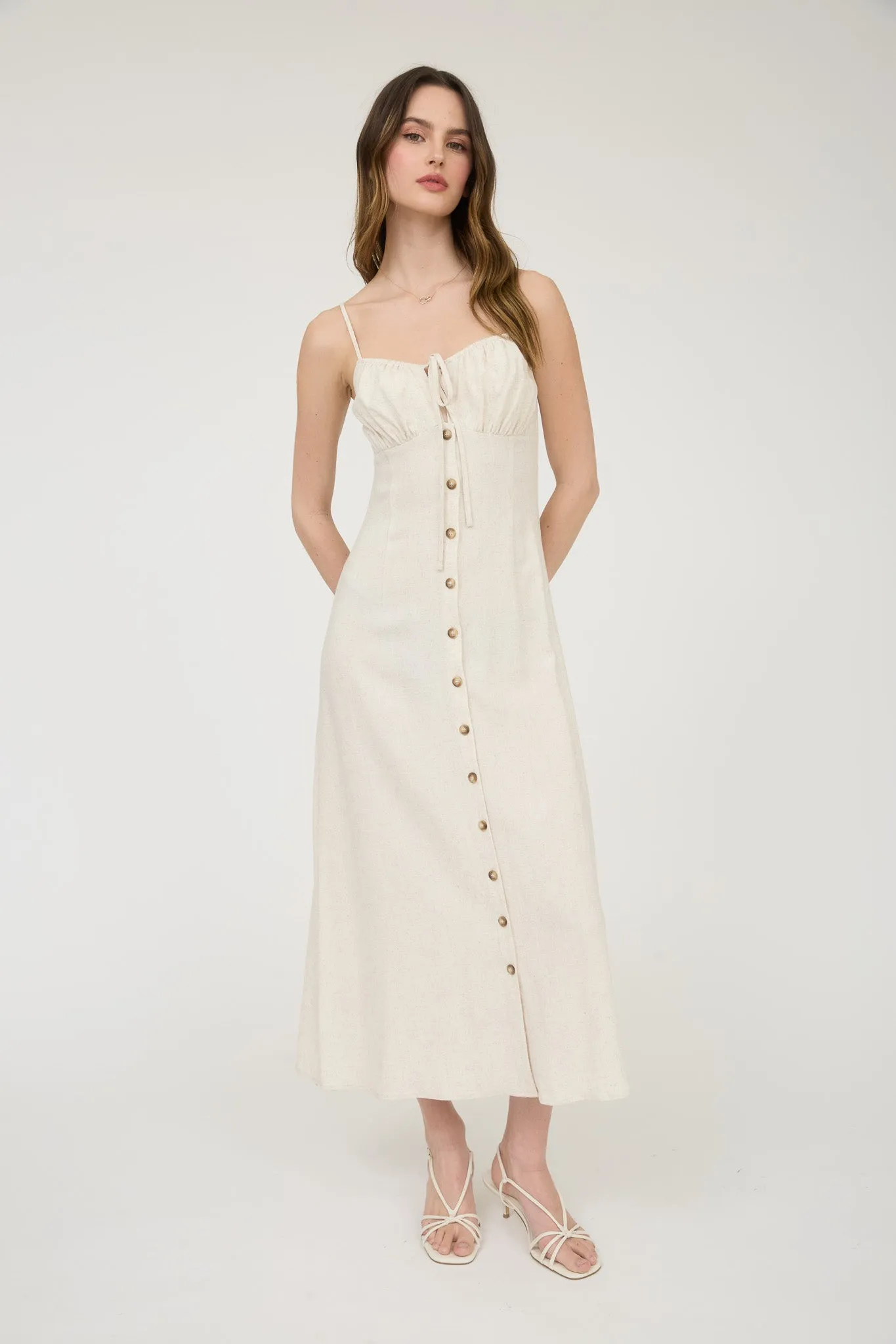 SPAGHETTI STRAP BUTTON DOWN FRONT TIE MIDI DRESS sold by Blu Pepper product image thumbnail 5