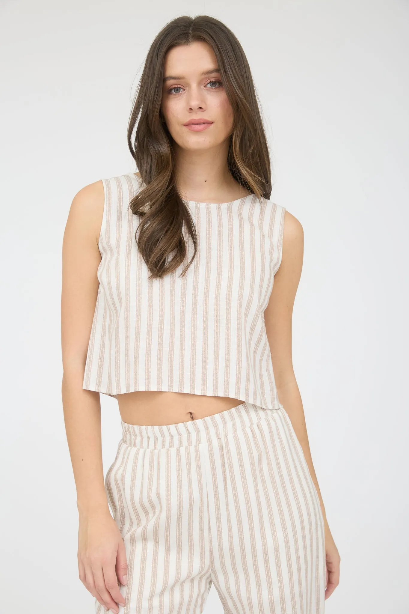 STRIPE LINEN BACK TIE DETAIL SLEEVELESS TOP sold by Blu Pepper product image thumbnail 5