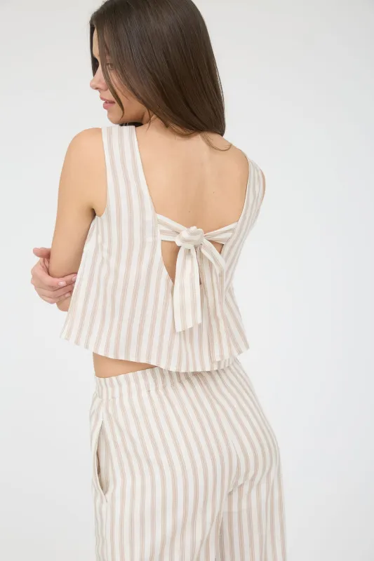 STRIPE LINEN BACK TIE DETAIL SLEEVELESS TOP sold by Blu Pepper
