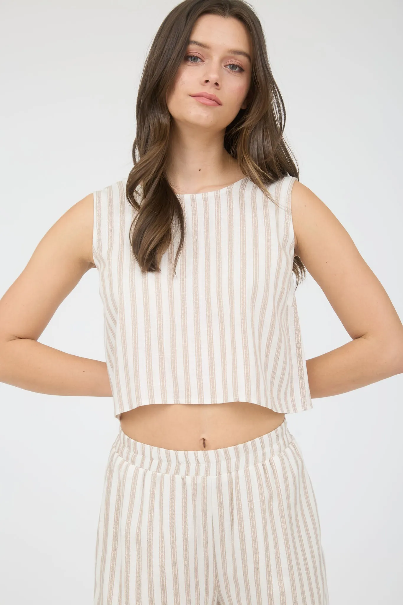 STRIPE LINEN BACK TIE DETAIL SLEEVELESS TOP sold by Blu Pepper product image thumbnail 3